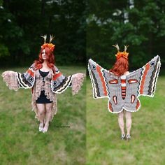 two pictures of a woman with red hair and butterfly wings