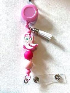 Handmade Beaded Pink Retractable badge holder. Hot pink silicone Cowgirl boots and coordinating hot pink and light pink beads. Pink Cowgirl Boots, Beaded Keychain, Pink Cowgirl, Retractable Badge Holder, Beaded Keychains, Pink Beads, Badge Holder, Badge Holders, Cowgirl Boots