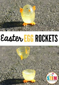 an egg sitting on the ground next to two small plastic eggs that have been placed in them