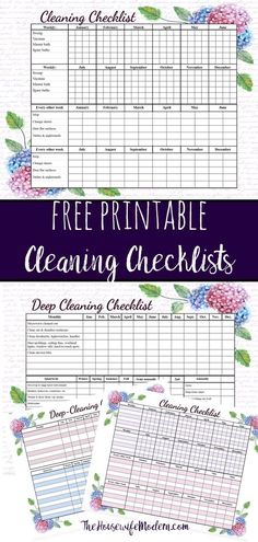 the printable cleaning checklist is shown in two different colors and sizes, with flowers on