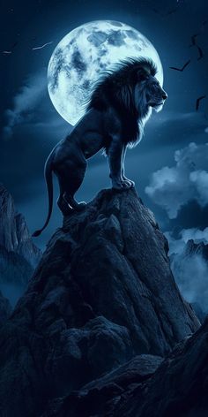 a lion standing on top of a mountain under a full moon