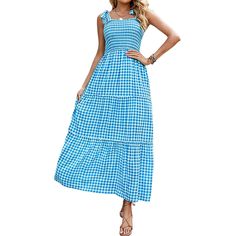 Blue Smocked Bohemia Plaid Print Tiered Maxi Dress Blue Bohemian Dress For Picnic, Blue Bohemian Smocked Dress For The Beach, Blue Smock Sundress For Beach, Blue Bohemian Smocked Beach Dress, Bohemian Blue Smocked Beach Dress, Blue Smock Sundress For The Beach, Casual Blue Smocked Sundress, Blue Maxi Smocked Dress For Vacation, Casual Blue Maxi Dress With Smocked Bodice