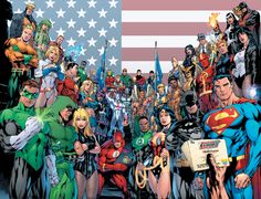 a group of superheros standing next to each other in front of an american flag