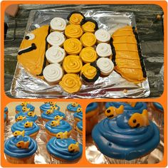 an assortment of cupcakes with yellow frosting and blue icing on them