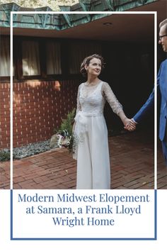 a man and woman holding hands in front of a brick building with the words modern midwest development at sanfraa, a frank lloyd wright home