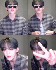 four pictures of a young man with sunglasses making the peace sign