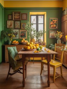 a dining room filled with lots of yellow and green fruit on top of a wooden table