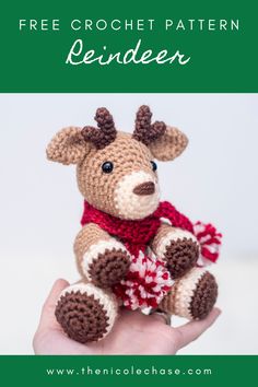 a hand holding a small crocheted reindeer doll with text overlay that reads free crochet pattern reindeer