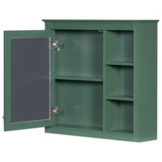 a green metal cabinet with two doors open