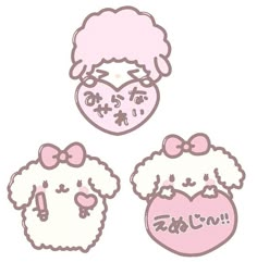 three cartoon sheep with pink hair and bows on their heads, one in the shape of a heart