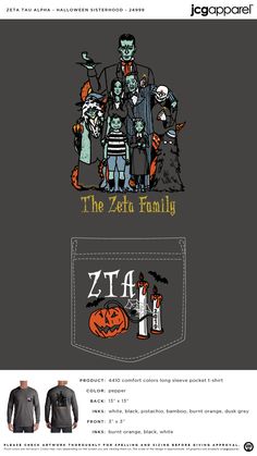 an advertisement for the zeffa family, featuring two men in halloween costumes and one woman wearing