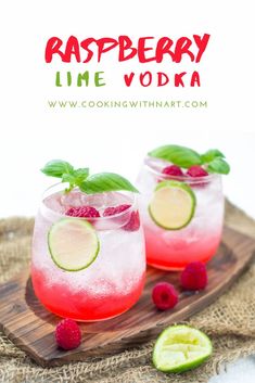 raspberry lime vodka in two glasses on a wooden tray