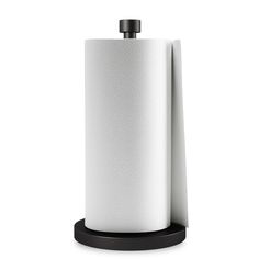 a black and white paper towel holder on a white background with the top rolled up