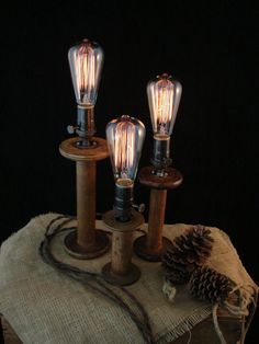 three light bulbs sitting on top of a piece of burlied fabric next to a pine cone