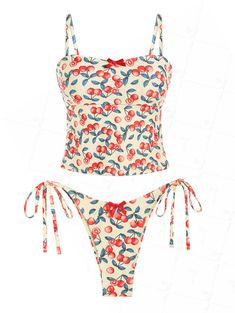 Seamolly Fruit Cherry Print Bow Decor Cinched Back Tie Side Tankini Set Strawberry Bathing Suit, Trendy Tankini, Cute Tankinis, Bright Swimsuit, Swimsuit Inspo, Floral Swimwear, Neon Bikinis, Baddie Style, Tie Tie