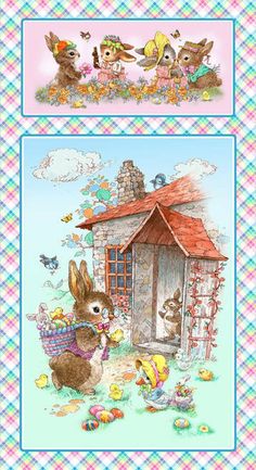 an easter scene with rabbits and chicks in front of a small house, surrounded by eggs