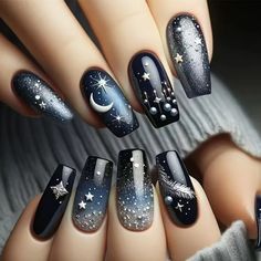 24Pcs/Box Blue False Nails Press on Nails Full Cover Cartoon Black Cat Glitter Sky Moon Stars Design Jeweled Nail Art, Dungeons And Dragons Nails, Nagellack Trends, Nail Forms, Minimalist Nails, Nail Designs Spring, Fancy Nails, Nail Accessories, False Nails