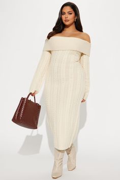 Available In Ivory. Cable Knit Midi Dress Off the shoulder Long sleeve Slight stretch 100% Acrylic Imported | Obsession Cable Knit Sweater Midi Dress in Ivory size Large by Fashion Nova Sweater Midi Dress, Off The Shoulder Long Sleeve, Sweater Dress Midi, Knit Midi, Knit Midi Dress, Cable Knit Sweater, Cable Knit, Knit Sweater, Fashion Nova