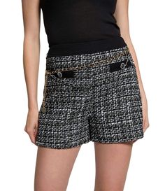 From Guess&#x2C; these shorts feature:Tweed denim mixed fabricPlaid printMid riseWaist chain beltButton-front flap pocketsSide zip closurePolyester blendDry cleanImported. Tweed Shorts, Dillard's, Mid Rise, Clothes For Women, Chain, Clothes, Black