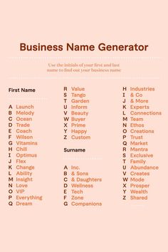 the business name generator is displayed on a pink background with an orange and black font