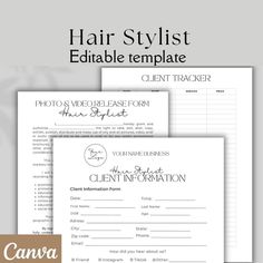 the hair stylist editable template is shown in three different colors and sizes