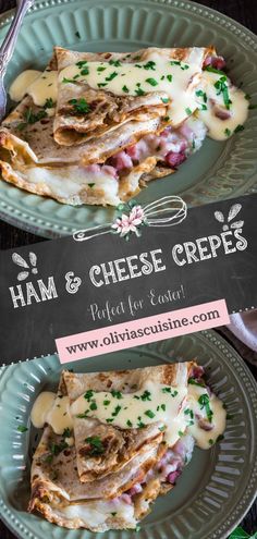 ham and cheese crepes on a green plate