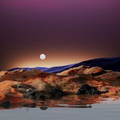 an artist's rendering of the moon rising over some rocky terrain with water and rocks in the foreground