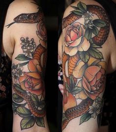 two women with tattoos on their arms, one has a snake and the other has roses