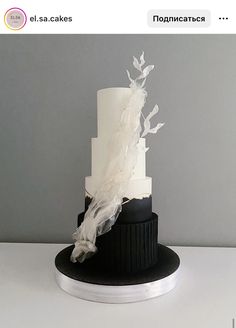 a white and black wedding cake with feathers on top