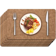 four placemats with steak, vegetables and lemon wedges on each one side