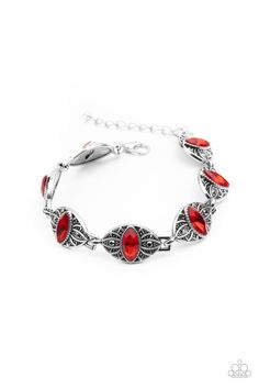 Featuring red marquise rhinestone centers, silver studded floral frames are dotted in dainty hematite rhinestones as they link around the wrist for a regal flair. Features an adjustable clasp closure. #P9DA-RDXX-059XX Sold as one individual bracelet. Live Text, Floral Frames, Red Bracelet, Red Crown, Red Bracelets, Red Jewelry, Paparazzi Accessories, White Rhinestone, Rhinestone Bracelet