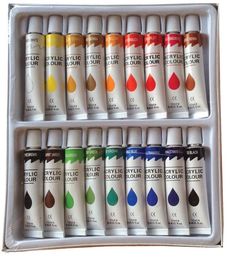 twelve tubes of acrylic paint in a white box