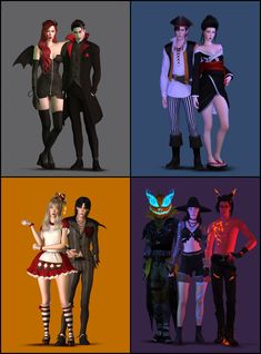 four different poses of people dressed in halloween costumes