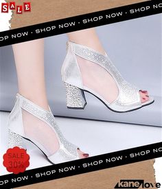 Summer Mesh Rhinestones Back Zipper Mid Heel High Top Female Sandals Summer Party Heels With Zipper Closure, Female Sandals, Mid Heel, Women's Shoes Sandals, High Top, High Tops, Shoes Sandals, High Heels, Mesh