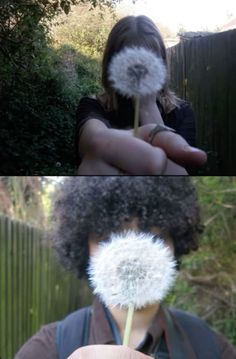 two pictures of a person holding a dandelion in front of their face