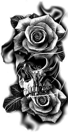 a black and white drawing of a rose with a skull on it's side