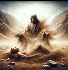 jesus in the desert surrounded by rocks and sand