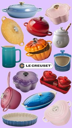 many different types of pots and pans on a purple background with the words le creuset above them