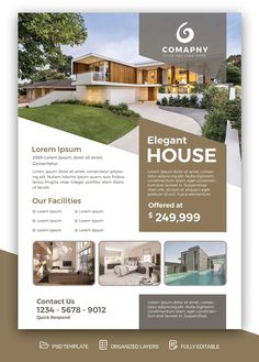 a flyer for a real estate with an image of a house on the front and side