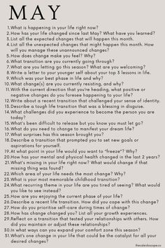 Explore 31 May journal prompts on life transitions and change, and uncover insights to guide your personal growth journey. May Journal Ideas Writing Prompts, Journal Prompts For Self Development, May 2024 Journal, Journal Prompts For May, May Journaling Prompts, May Prompts 2024, Self Belief Journal Prompts, May Journal Prompts 2024, 31 Questions To Ask Yourself