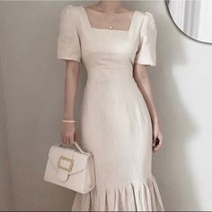 Neww, A Little Bit See Through But Really Pretty Cream Dress Outfit, Korean Summer, Summer Retro, Fishtail Dress, Cream Dress, White Outfits, Slim Waist, Outfits Aesthetic, Cream White