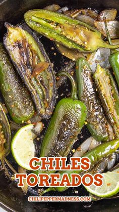 grilled green peppers and limes in a skillet