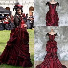 Burgundy Gothic Victorian Bustle Wedding Dresses Vintage Beaded Lace-up Back | eBay Black Lace Wedding Dress, Black Lace Wedding, Burgundy Evening Dress, Wedding Dress Bustle, Bridal Gowns Vintage, Costume Noir, Gown Vintage, Gothic Wedding Dress, Steampunk Corset