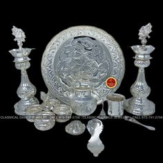 German Silver pooja Thali Set | Return gifts Haldi/Pasupu kumkum,Pooja – Classical Dance Jewelry Silver Pooja Thali, Diy Play Doh, Puja Decor, Diwali Puja, Diy Deodorant, Pooja Thali, Classical Dance, Return Gifts, Dance Jewelry