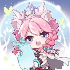 an anime character with pink hair and blue eyes holding a white object in her hand