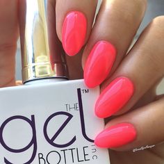 Neon coral pink nails. Perfect summer or spring nails. Nails 2019 trends. Water Lily from The Gel Bottle Inc. Unhas Neon Coral Pink Nails, Purdue Nails, The Gel Bottle Inc Nails Colours, Dark Coral Nails, Spring Nails 2023 Gel Colors