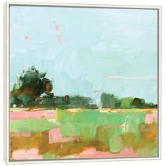 an abstract painting of green, pink and yellow grass with blue sky in the background