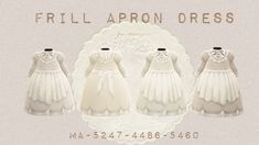 three dresses are shown with the words frill apron dress written below them in white