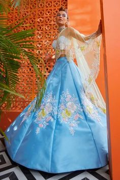 Shop for Riantas Blue Tiffany Rose Embroidered Lehenga Set for Women Online at Aza Fashions Blue Floral Lehenga, Lehenga Blue, Embroidery Lehenga, Tiffany Rose, Floral Lehenga, Pixie Dress, Taffeta Skirt, Blue Lehenga, Padded Blouse