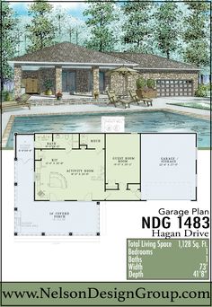 the floor plan for a house with a swimming pool in front and an attached garage